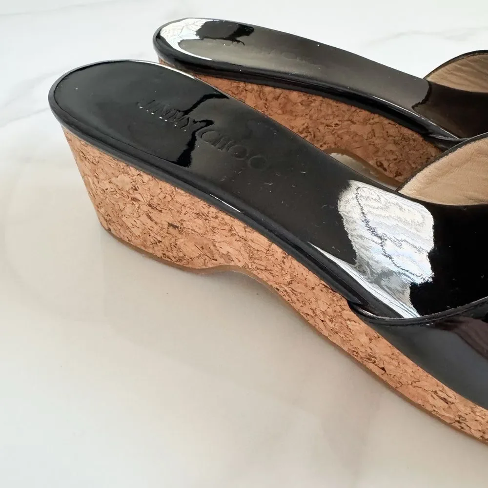 Jimmy Choo Patent Leather Cork Wedge Slide Sandals Black EU 40.5